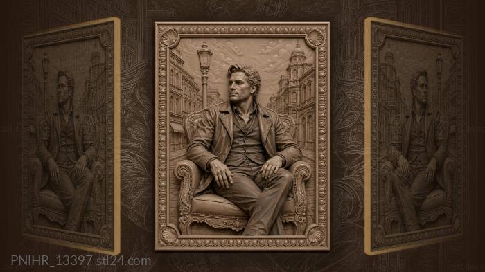 James Dean sits in a chair against city 3d STL model