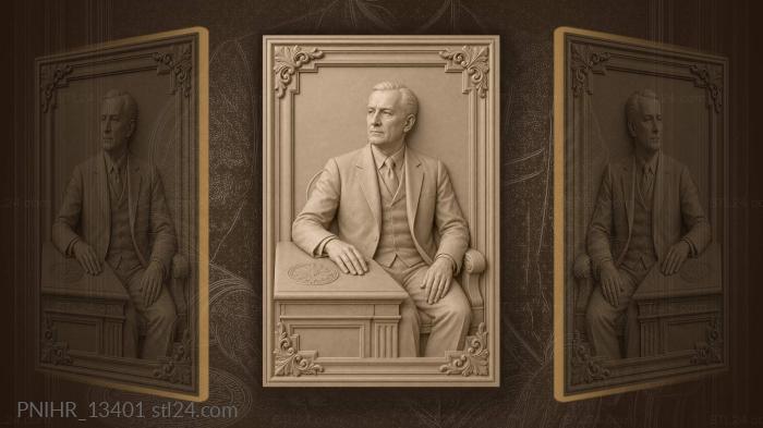 Andrew Carnegie sits at his desk with medallion 3d STL model