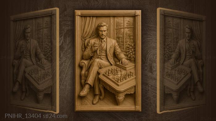 Sherlock Holmes plays chess by a garden window 3d STL model