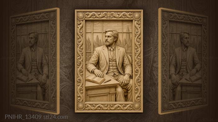 Bearded man at desk against skyscraper skyline 3d STL model