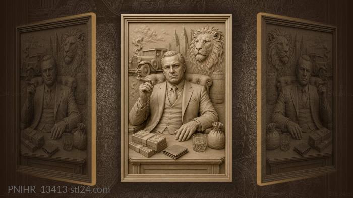 Lucky Luciano sits with cigar cash and lion 3d STL model
