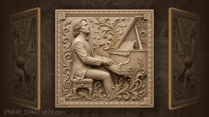 Franz Liszt at the piano amid music notes · Ludwig van Beethoven 3d STL model