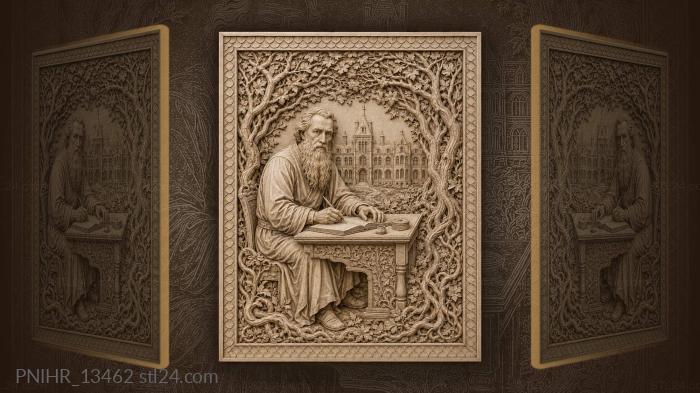 Charles Dickens writing before a grand old building 3d STL model