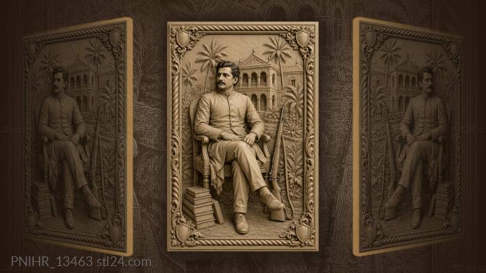 Mustached man with a rifle by a palm villa 3d STL model