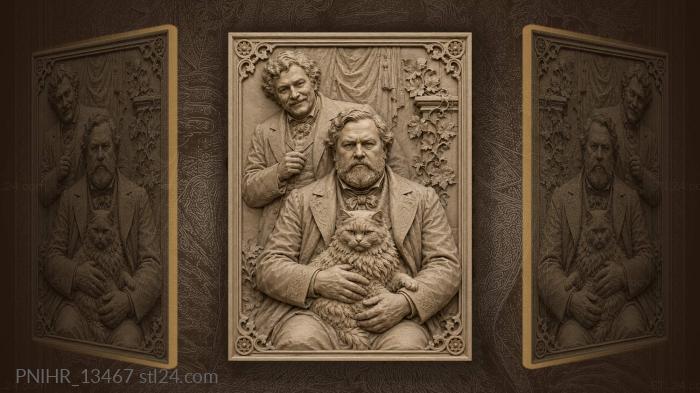 Ernest Hemingway with a fluffy cat and a friend 3d STL model