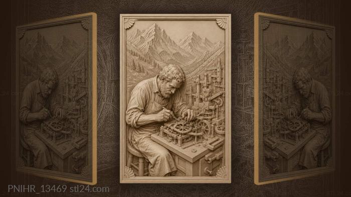 Geppetto at his mechanism in a mountain workshop 3d STL model