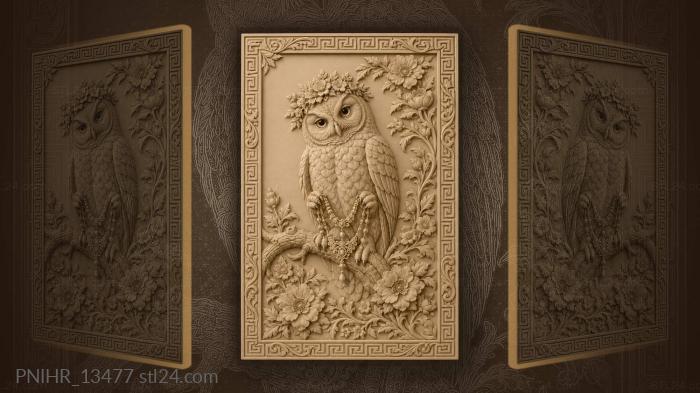 Owl in a flower wreath with a pearl necklace 3d STL model