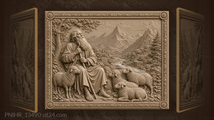 White bearded shepherd with sheep by river 3d STL model