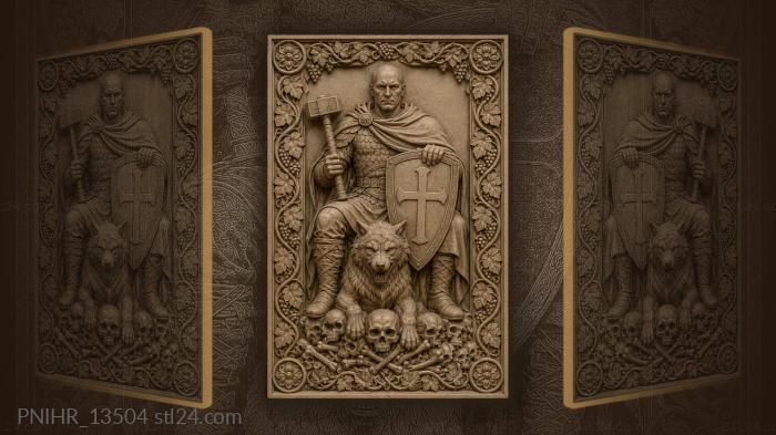 Wolf on skulls below a cross shield 3d STL model