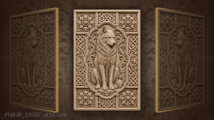 Seated wolf among square rosette panels 3d STL model