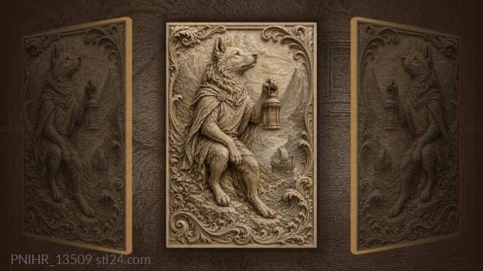 Wolf holding lantern above quiet fjord 3d STL model