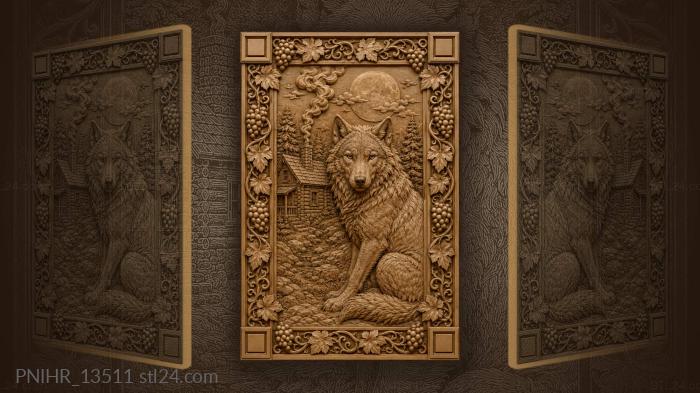 Wolf beside a hut with smoking chimney 3d STL model