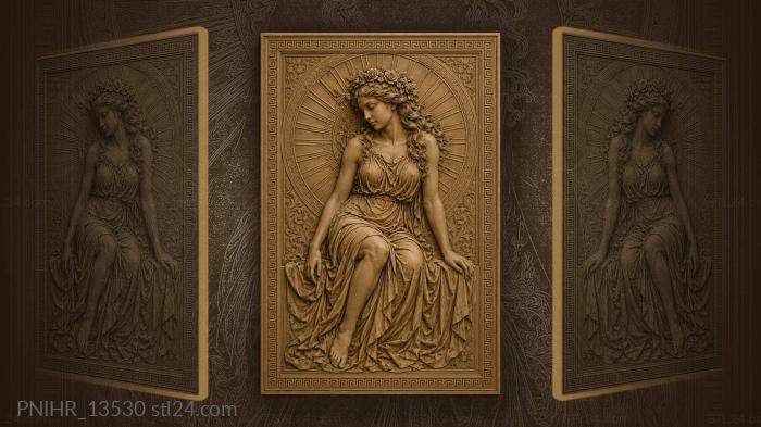 Woman in flower crown before a sun disc 3d STL model
