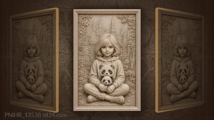 Girl with panda toy and cityscape 3d STL model