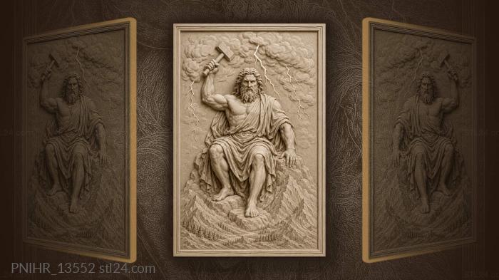 Thunder god with hammer above mountains 3d STL model