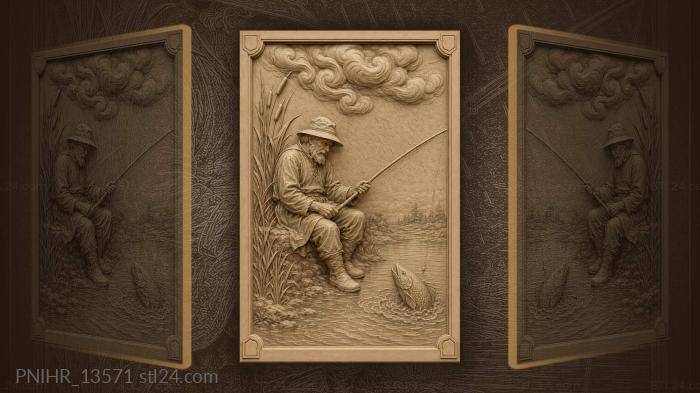 Old man fishing under a rain cloud 3d STL model