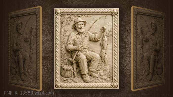 Fisherman with three fish on his line 3d STL model