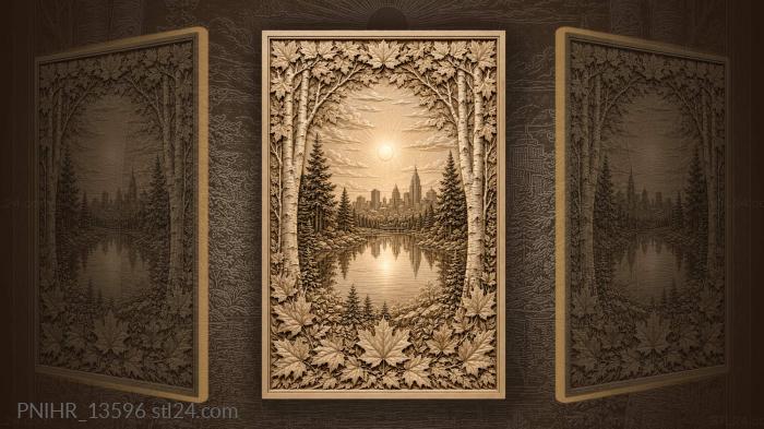 Autumn reflections city sunrise birches 3d STL model