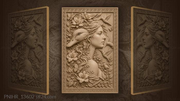 Woman duck hummingbirds flowers foliage 3d STL model