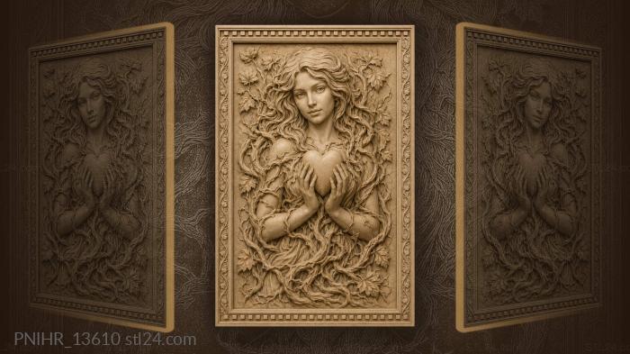 Maiden holding a heart amid twisting roots 3d STL model