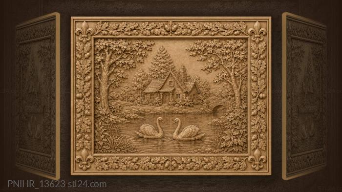 Two swans before a lakeside cottage 3d STL model
