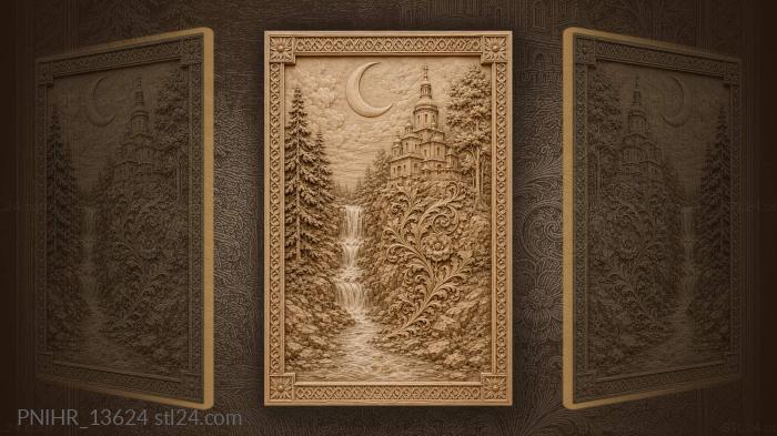 Church by waterfall moonlit landscape 3d STL model