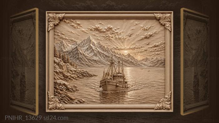 Fishing boat before snowy peaks 3d STL model