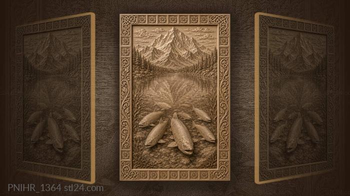 Salmon running below the mirrored mountain 3d STL model