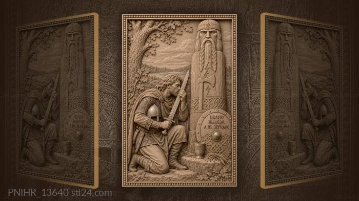 Warrior kissing his blade before perun idol 3d STL model