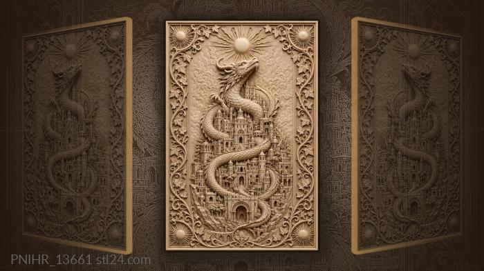 Dragon stretching toward sun above city 3d STL model
