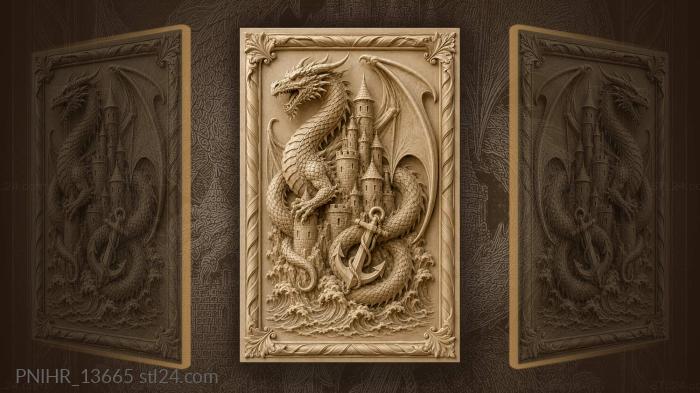 Dragon castle waves ancient symbol 3d STL model