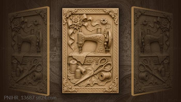 Vintage sewing machine with thread and scissors 3d STL model