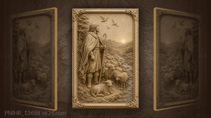 Fur cloaked man greeting sunrise with lamb 3d STL model