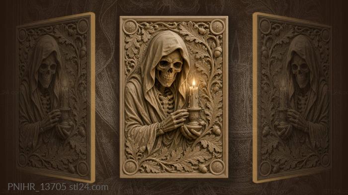 Hooded skeleton cradles a burning candle 3d STL model