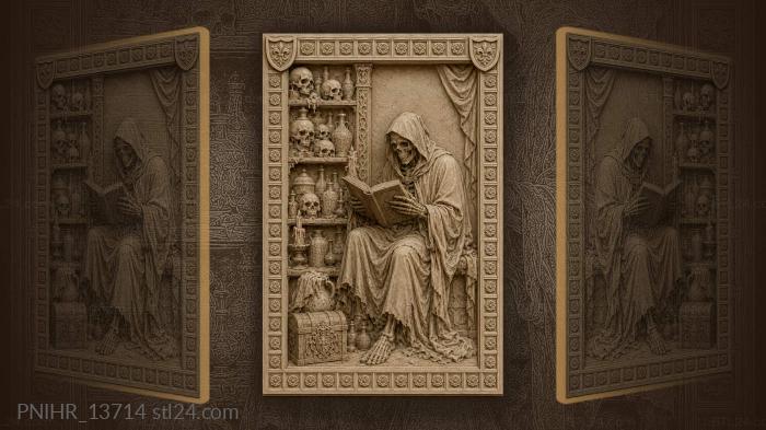 Hooded skeleton reading among skulls and candles 3d STL model