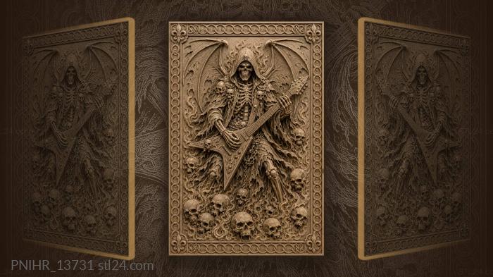 Skeleton guitarist with skulls and flames 3d STL model