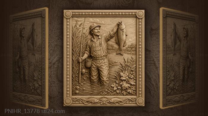 Smiling fisherman lifts a fish above the water 3d STL model