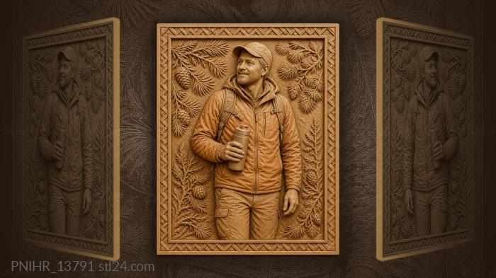 Smiling man with thermos in pines 3d STL model
