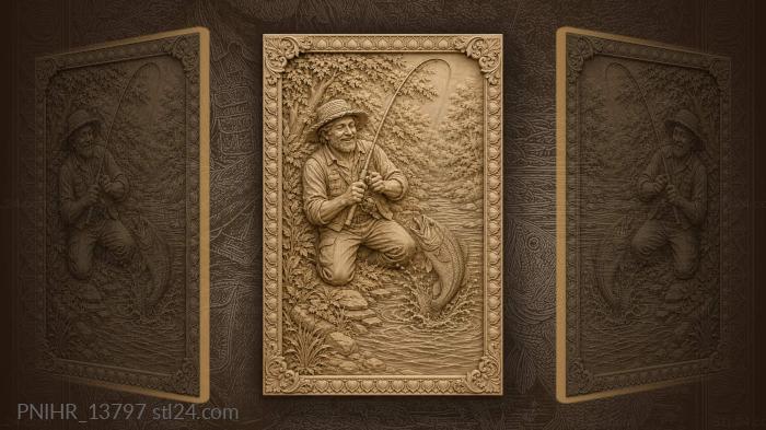 Smiling fisherman pulling a fish from the stream 3d STL model