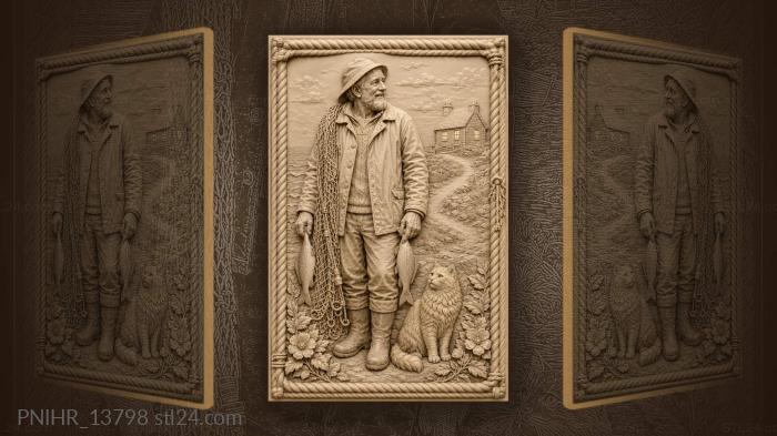 Old fisherman with cat and cottage 3d STL model