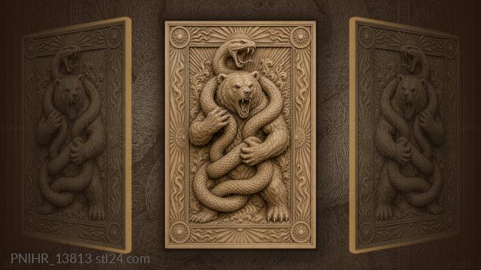 Serpent coils around the roaring bear 3d STL model