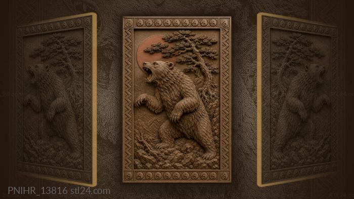Pine and red sun behind a bear 3d STL model