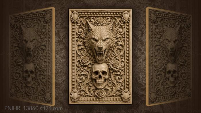Demon wolf above a skull and roses 3d STL model