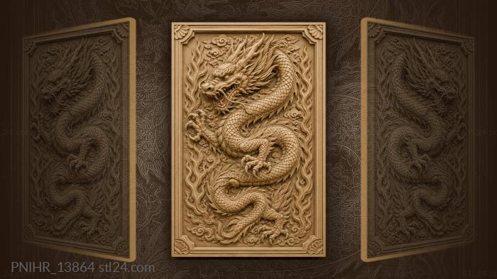 Spiky maned dragon between fire columns 3d STL model