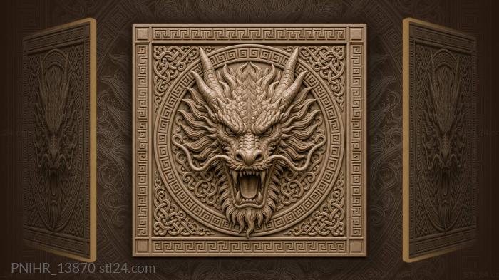Fierce dragon with greek key border 3d STL model