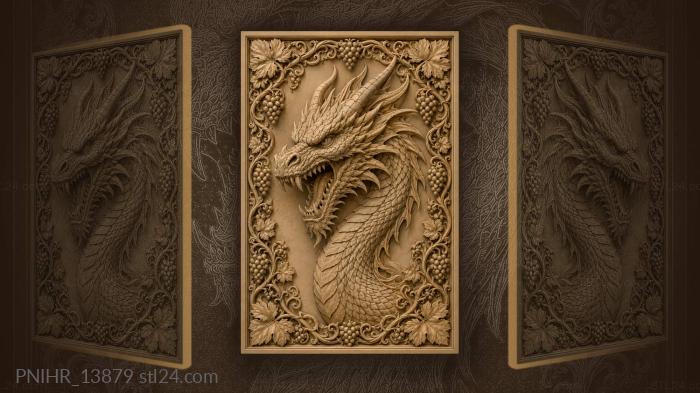 Fierce dragon with grapevine border 3d STL model