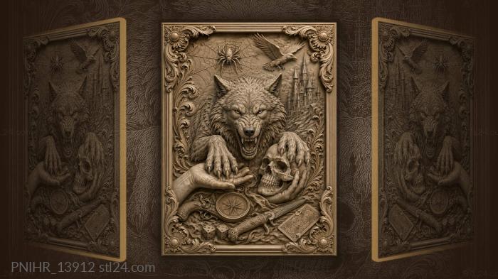 Grey wolf over skull and pistol 3d STL model