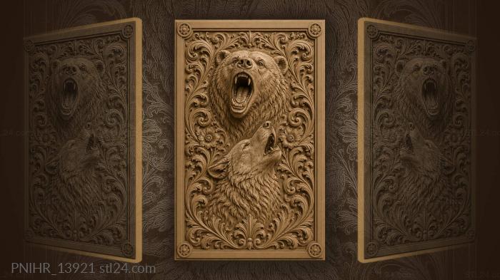 Grizzly above a howling wolf in flowers 3d STL model