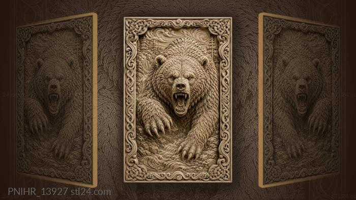 Fierce grizzly bear with wave border 3d STL model