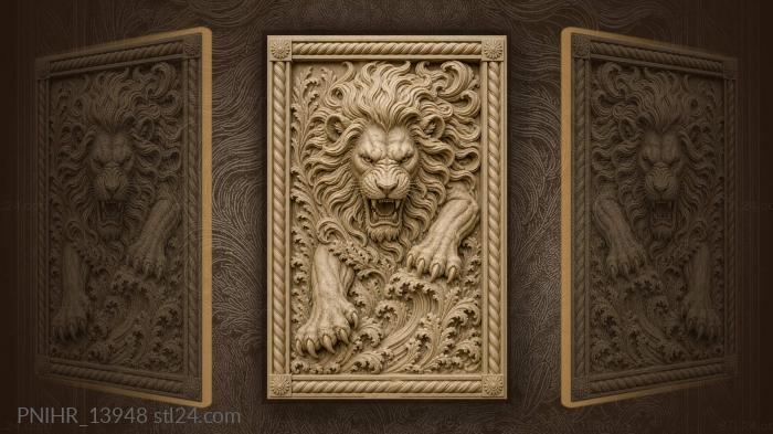 Fierce lion among waves foliage 3d STL model